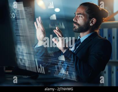 Hologram and tech data of a business man with ai and metaverse information on futuristic technology. Crypto coding of a software developer working on Stock Photo