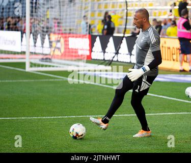 Columbus, Ohio. August 31, 2022: Columbus Crew goalkeeper Eloy Room (1) handles the ball during warm ups before facing Inter Miami in their match in Columbus, Ohio. Brent Clark/CSM Stock Photo