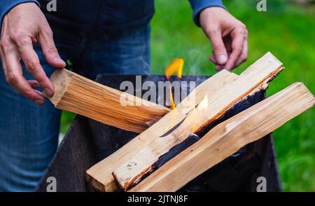 Close-up of Man throws firewood into brazier burns dry wooden logs. Preparing for picnic. Camping lifestyle, selective focus. Starting campfire in fir Stock Photo