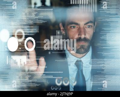 3d, data hologram and tech coding of a fintech businessman working on futuristic technology. Big data, cloud computing and ux design of a software Stock Photo