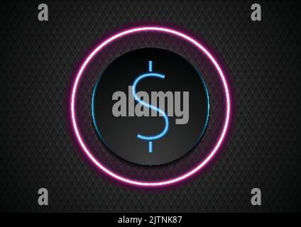 Blue neon dollar symbol and purple glowing circle on black background. Vector design Stock Vector