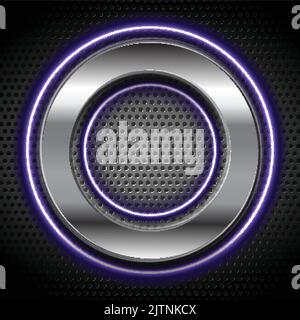 Metallic and violet neon circles on dark grey perforated background. Vector design Stock Vector