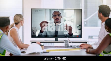 Video call, business meeting and industry workers planning a project with an industrial manager. Team having a virtual discussion about development Stock Photo