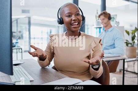 Online crm customer support, service and telemarketing agent on a office internet help call. Happy digital call center consultant on tech consulting Stock Photo