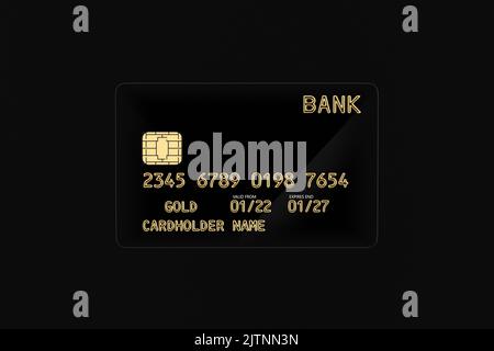 Black Plastic Golden Credit Card with Chip on a black background. 3d Rendering Stock Photo