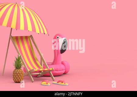 Beach Vacation Concept. Cartoon Beach Chair, Swimming Pool Inflantable Rubber Pink Flamingo Toy, Beach Umbrella, Beach Flip Flops Sandals and Fresh Ri Stock Photo