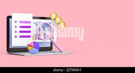 Online Trading, Business Investment, Maketing and Analysis Concept. Cartoon Laptop with Graphs, Magnifier, Chart Pie and Dollar Coins on a pink backgr Stock Photo