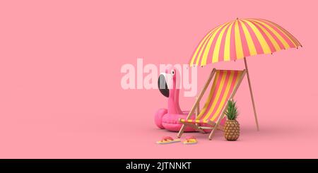 Beach Vacation Concept. Cartoon Beach Chair, Swimming Pool Inflantable Rubber Pink Flamingo Toy, Beach Umbrella, Beach Flip Flops Sandals and Fresh Ri Stock Photo