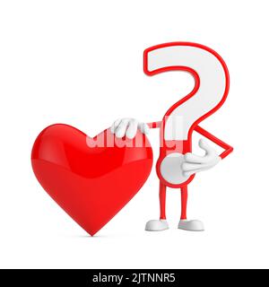 Question Mark Sign Cartoon Character Person Mascot with with Red Heart on a white background. 3d Rendering Stock Photo