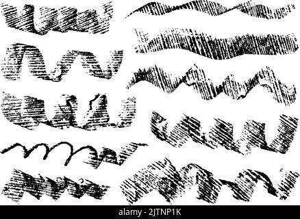 Set of swirled charcoal strokes with texture. Stock Vector
