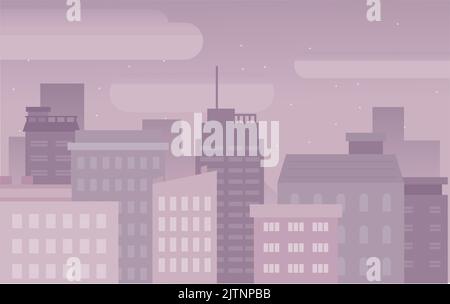 Dark purple city background. You can see tall buildings and apartments. flat design style vector illustration. Stock Photo