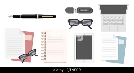 Collection set of office obejct glasses notebook paper document tablet fountain pen flash drive Stock Vector