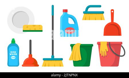 Collection set of cleaning tool broom mop bucket dustpan sponge brush detergent rag Stock Vector