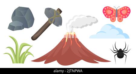 Collection set of nature cartoon objects grass stone rock cloud volcano butterfly spider Stock Vector