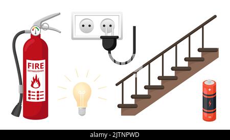Collection set of cartoon object fire extinguisher stairecase battery light bulb plug socket Stock Vector