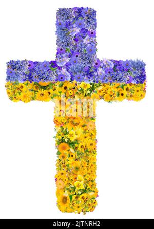 The cross of suffering Ukraine is made of yellow and blue flowers.  Handmade collage  isolated Stock Photo