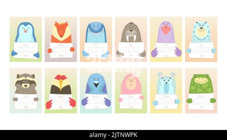 2023 calendar for each month, cute animal holding a monthly calendar sheet, hand drawn childish style. Stock Vector