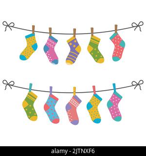 a set of children's socks are dried on a rope. flat vector illustration isolated on white background Stock Vector