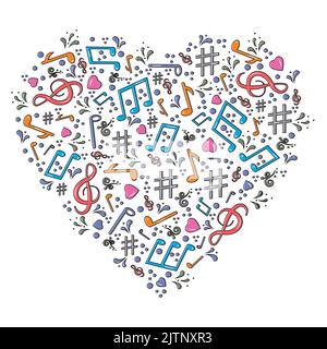 musical notes in the form of a heart icon, love music, hand drawn vector illustration sketch Stock Vector