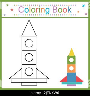 Coloring book for kids rocket, black contour line, vector isolated doodle illustration. Stock Vector