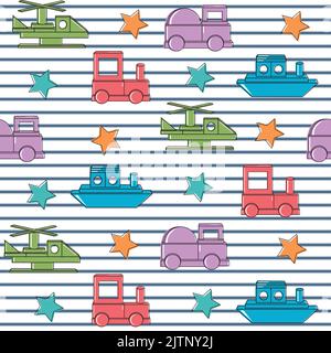 Transport pattern made of colored wooden cubes, vector isolated illustration in flat style. Stock Vector