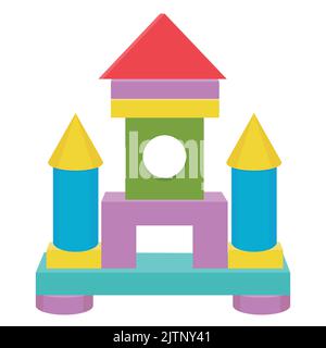 Construction of a tower or fortress made of colored wooden cubes, vector isolated illustration in the flat style. Stock Vector