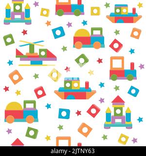 Transport pattern made of colored wooden cubes, vector isolated illustration in flat style Stock Vector