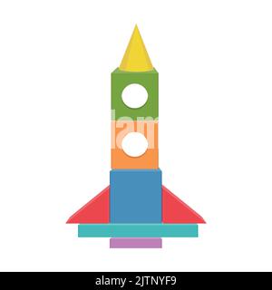 Colorful wooden rocket toy made of wooden blocks, Vector illustration in a flat style, isolated on a white background Stock Vector
