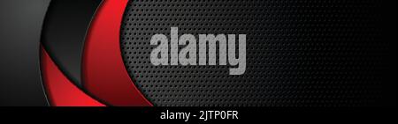 Black tech perforated banner design with red corporate waves. Vector background Stock Vector