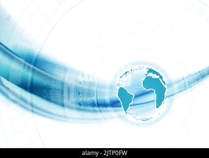 Bright blue abstract technology background with smooth waves and globe. Vector design Stock Vector
