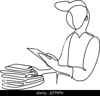 an employee checks the goods in the warehouse looking at the stocks making notes on his tablet in his notebook Stock Vector
