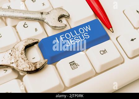 Conceptual caption I Follow Jesus, Concept meaning Religious person with lot of faith Love for God Spirituality Stock Photo
