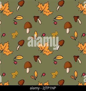 autumn pattern leaves berries and mushrooms illustration Stock Vector