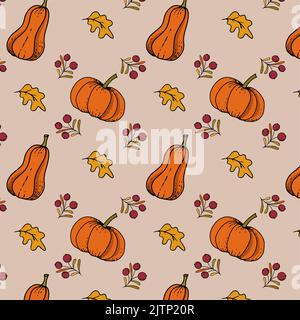 autumn pattern with pumpkin leaves and twigs with berries Stock Vector