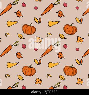 autumn pattern pumpkin carrot leaves pear and apples Stock Vector