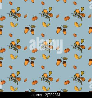 autumn pattern leaves acorns and pumpkins illustration Stock Vector