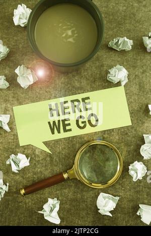 Hand writing sign Here We Go, Word for Be on the way of doing something starting a plan business Comic Cloud Thought Bubble Surrounded With Doodles Fo Stock Photo