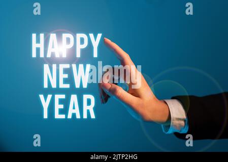 Text sign showing Happy New Year, Business concept Greeting Celebrating Holiday Fresh Start Best wishes Important Idea Shown On Phone On Desk With Cup Stock Photo