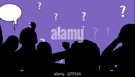 Image of people silhouettes with speech bubbles over question marks on purple background Stock Photo