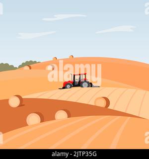 Agriculture industry, farming field with a tractor. Rural landscape with copy space for text. Vector illustration. Stock Vector