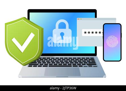 Internet security vector illustration concept. Private data on desktop and mobile. Cyber security services. Vector illustration in flat style. Stock Vector
