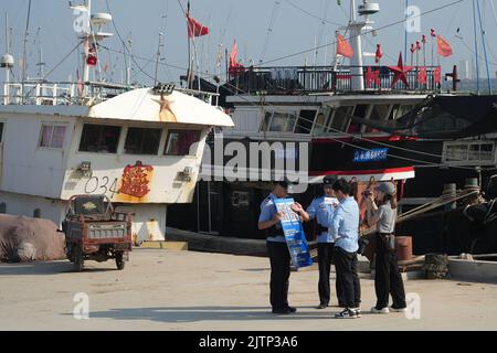 DONGYING, CHINA - SEPTEMBER 1, 2022 - Policemen officers explain how to use a small program for vessel filing to fishermen with the help of a live med Stock Photo