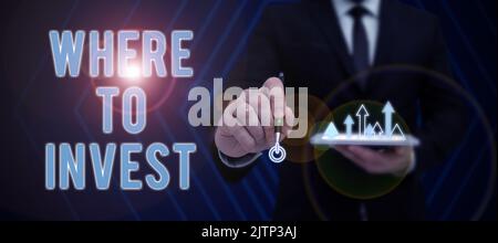 Inspiration showing sign Where To Invest, Business overview Looking for good business opportunities to have revenues Woman Using Virtual Reality Simul Stock Photo