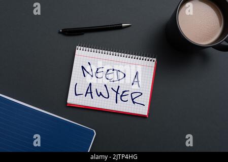 Conceptual display Need A Lawyer, Internet Concept Offering of legal advice Attorney consultancy advice Businessman in suit holding notepad symbolizin Stock Photo