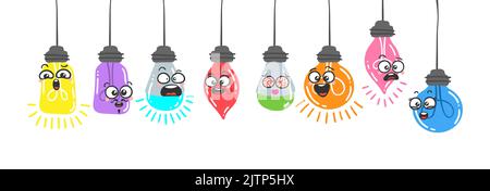 Set of Electric Light Bulb with Cartoon Emoticons. Doodle faces, eyes and mouth. Caricature comic expressive emotions, smiling, crying and surprised c Stock Vector