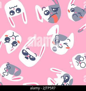 Seamless pattern with cute Kawai rabbits. Different expression muzzles bunnies in doodle style. Angry, cheerful, joyful, happy, sick, love, suspicious Stock Vector