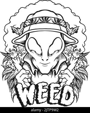 Alien Head Smoking Weed Leaf Vector Illustrations For Your Work Logo 