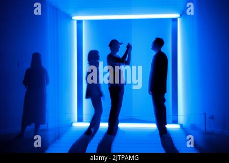 Tehran, Tehran, Iran. 30th Aug, 2022. Iranian visitors look at an installation by American artist Dan Flavin, during the ''Minimalism and Conceptual Art'' exhibition, which showcases works from the 19th and 20th centuries by American and European artists, at the Tehran Museum of Contemporary Art in the Iranian capital on August 30, 2022. More than 20,000 people have flocked to an Iranian museum showcasing dozens of renowned Western artists' works, some for the first time -- part of a treasure trove amassed before the Islamic Revolution. The museum's collection is reputed to be the greatest li Stock Photo