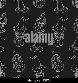Halloween seamless pattern with line art cartoon smiling pumkins on black background Stock Vector