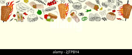 Popular fast food doner shawarma meat and vegetables and ingredients on background. Top view. Vector illustration. Engraved design. Stock Vector